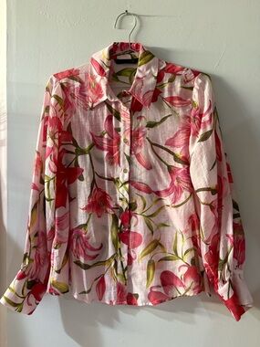 Zara Pink Floral Long-Sleeve Button-Down Shirt Size XS